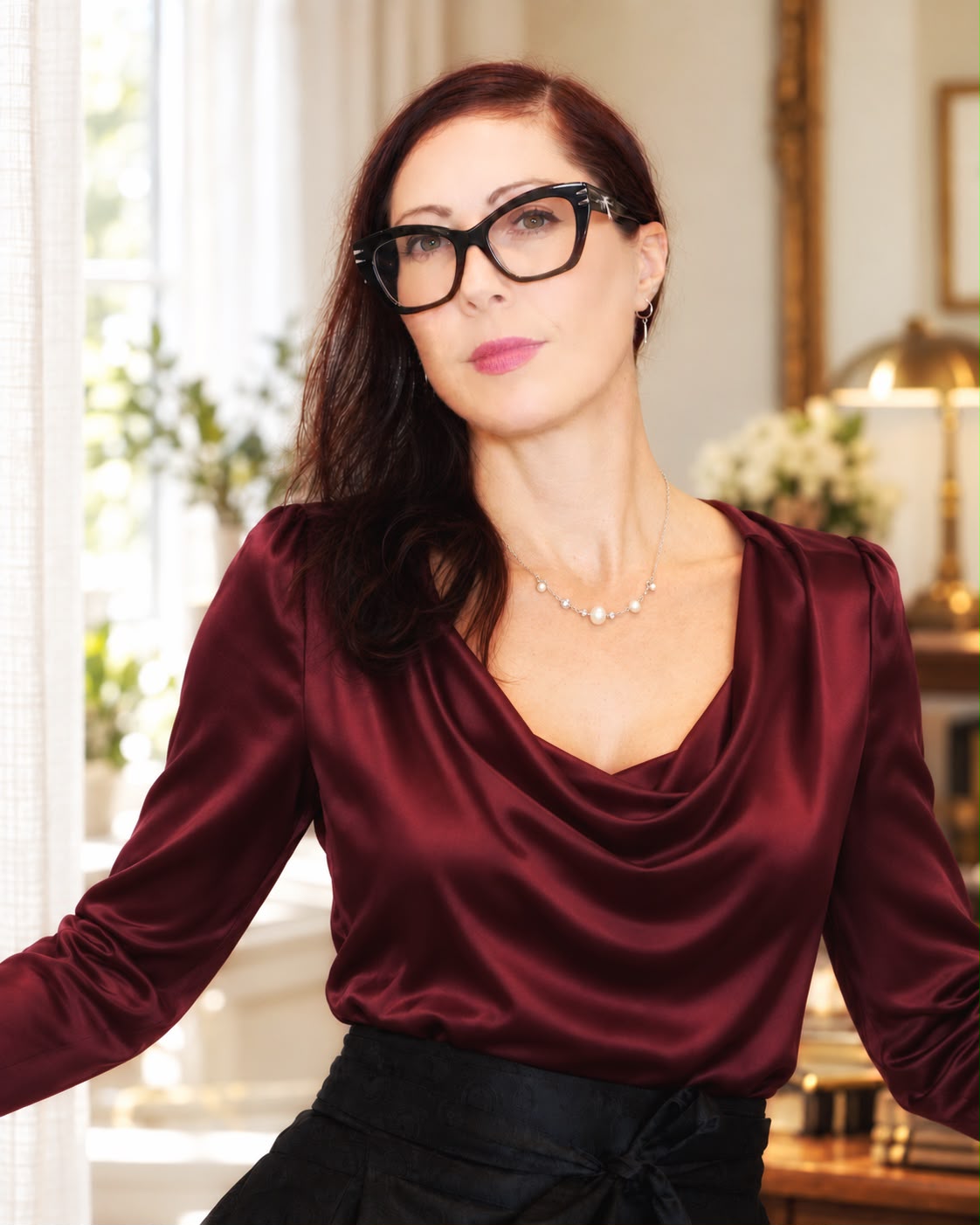 Amber Hopkins in a burgundy satin top