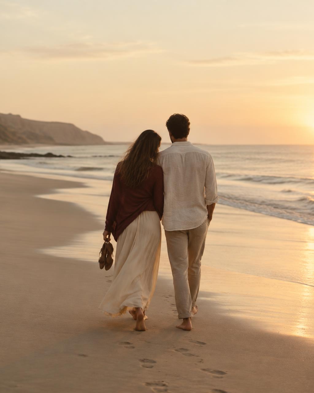 A couple walking together along the shoreline at sunset