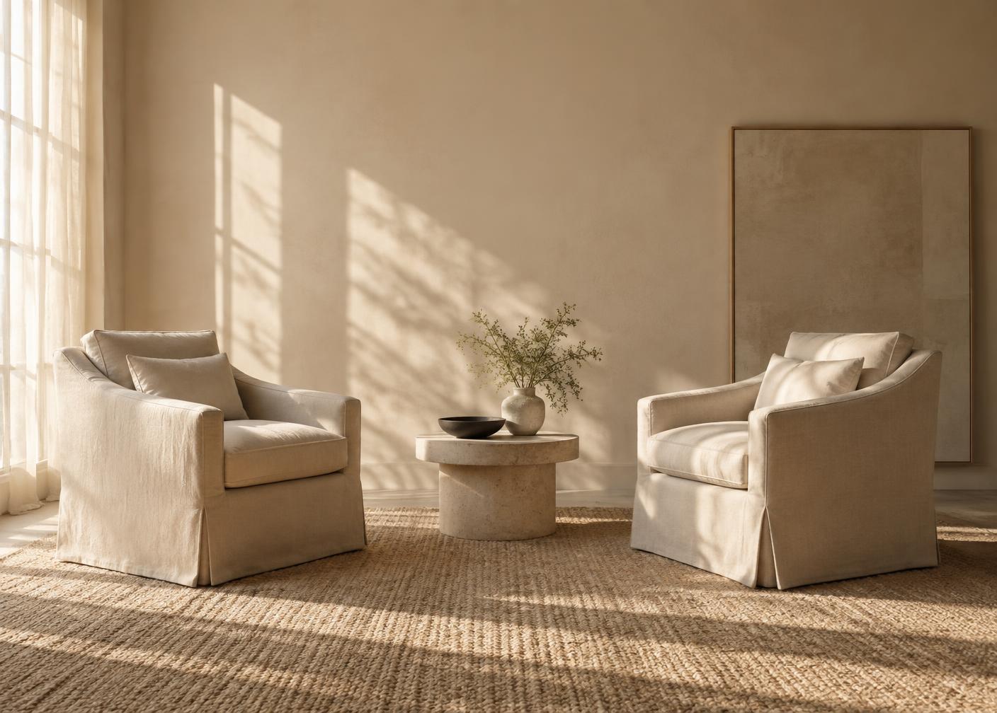 Two linen chairs in a quiet, sunlit room
