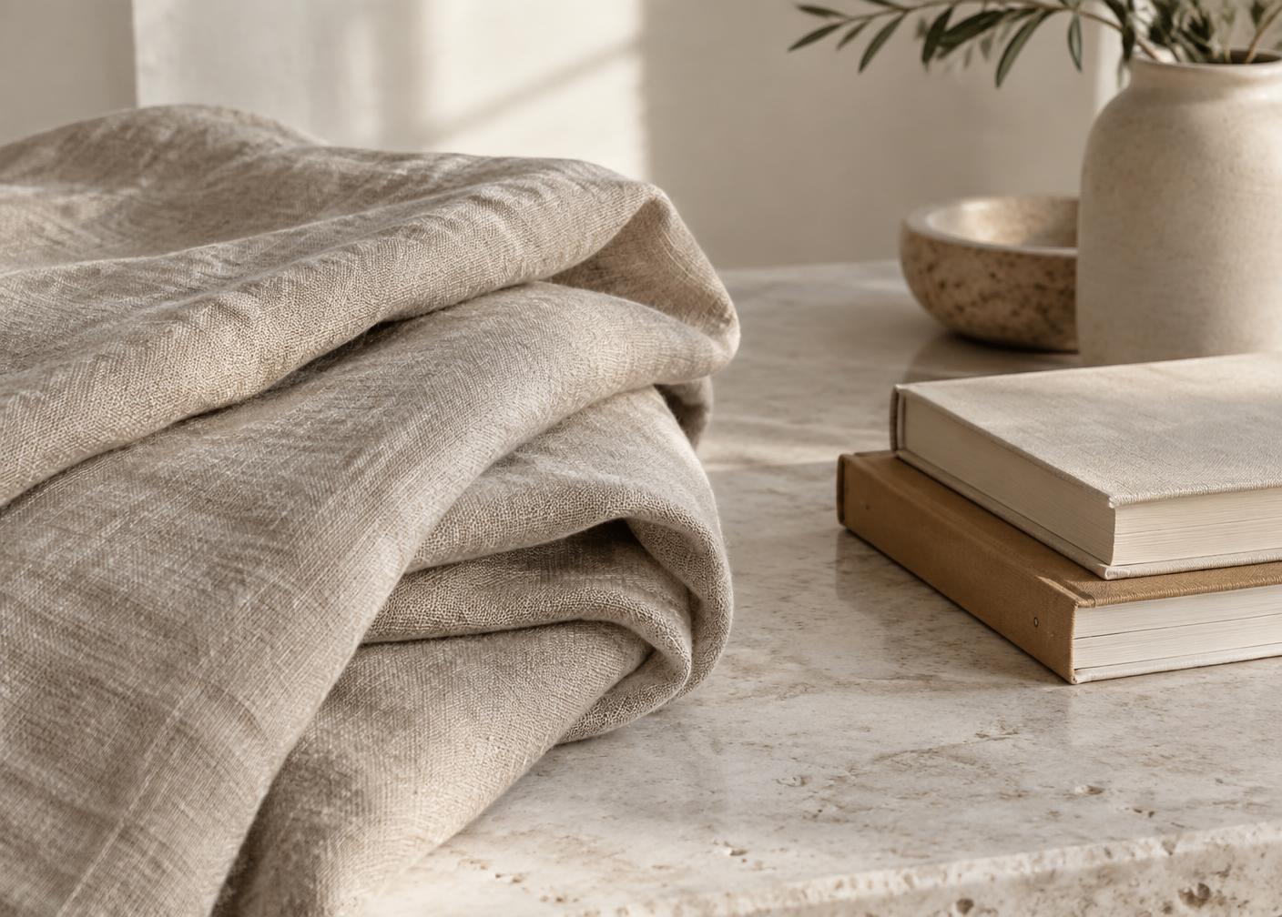 Folded linen and a small stack of books on a stone surface